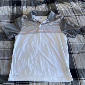 White polo with grey stripes